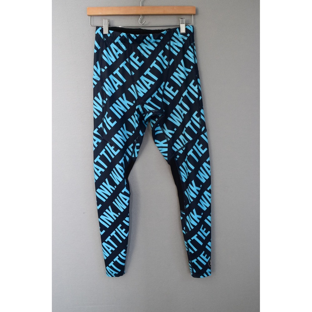 Wattie Ink Leggings Medium Black Cyan Logo Print Compression Running Mens Tights